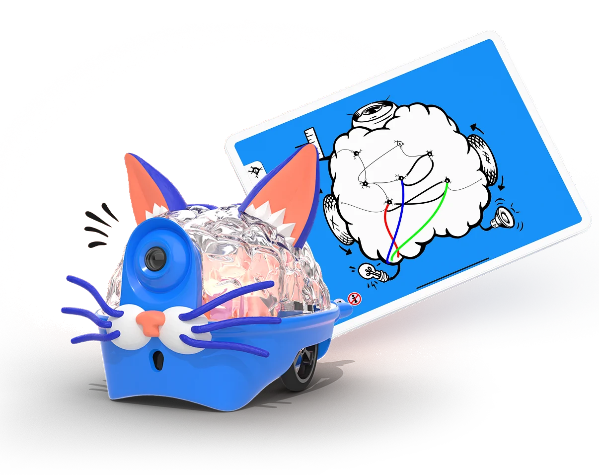 A blue SpikerBot dressed as a cat, beside a tablet showing the brain it runs.