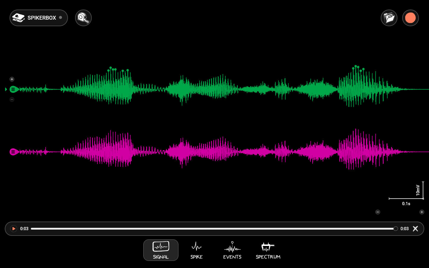 Spike Recorder in dark mode playing back a two-channel muscle (EMG) recording, one channel green and one magenta